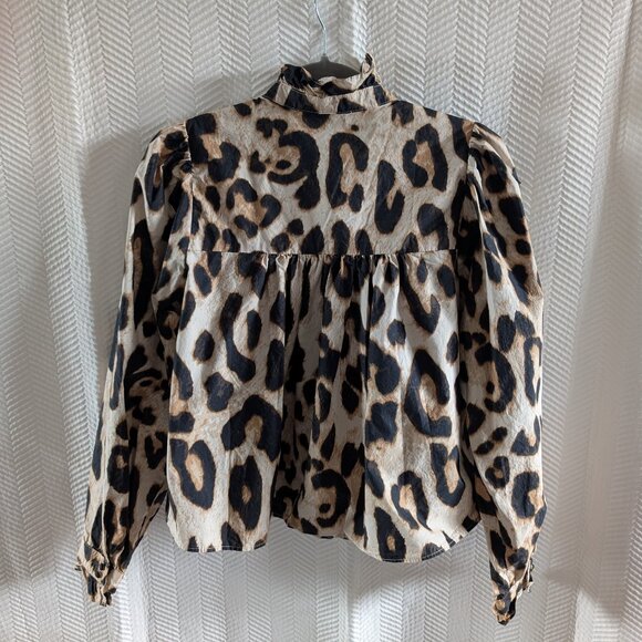 H&M Ruffle Leopard Print Blouse High Collar Oversized Crop Size Small - Picture 5 of 15